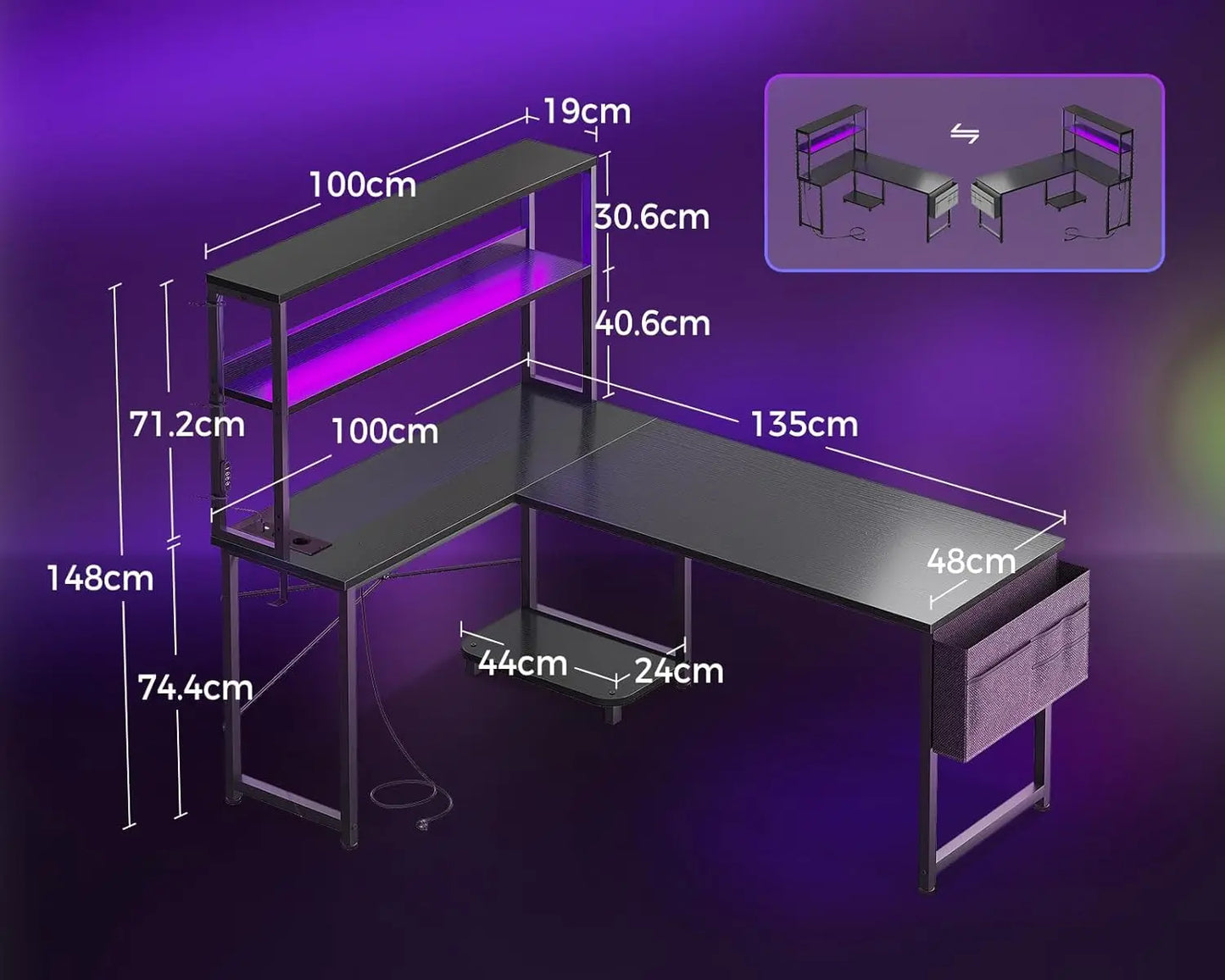 L-förmiger Gaming Schreibtisch LED Schwarz 135 cm – Eckschreibtisch mit Monitoraufsatz & Steckdosen
