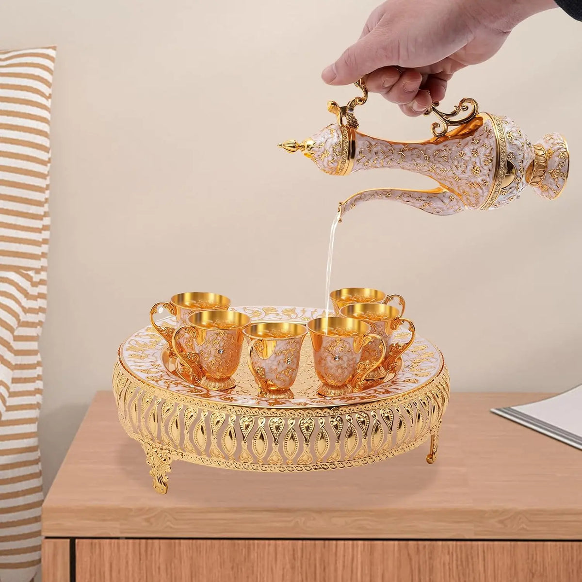 Orientales Tee-Set Vintage Gold & Blau 8-teilig – Edles Teeservice mit Serviertablett