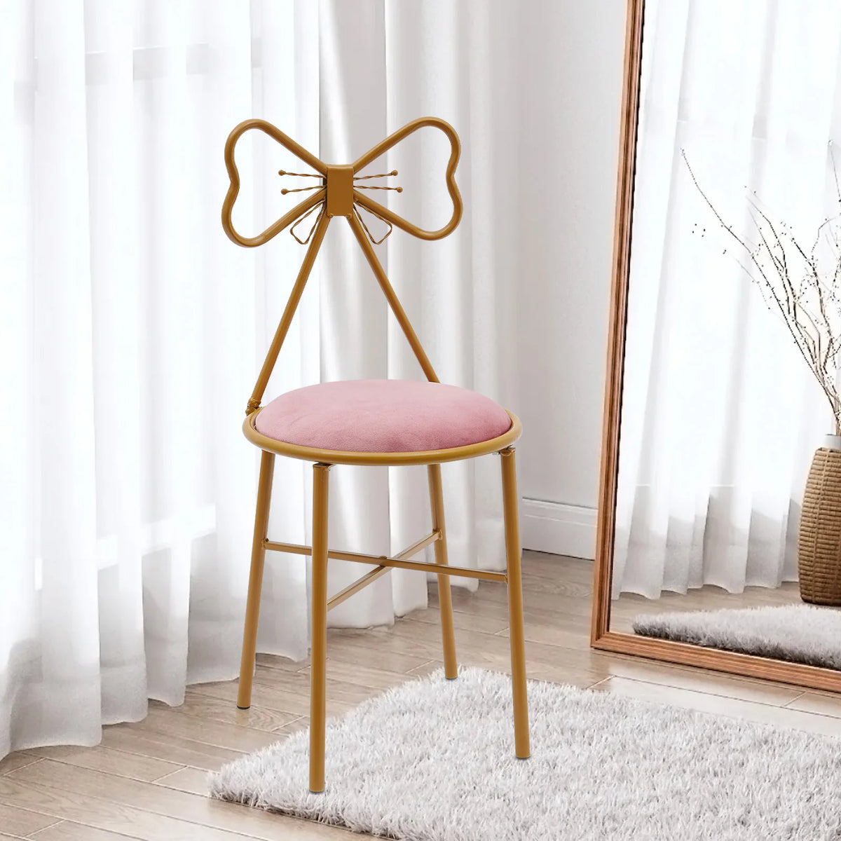 Schminktisch Stuhl Rosa mit Schmetterling Rückenlehne – Moderner Samt Kosmetikstuhl Gold