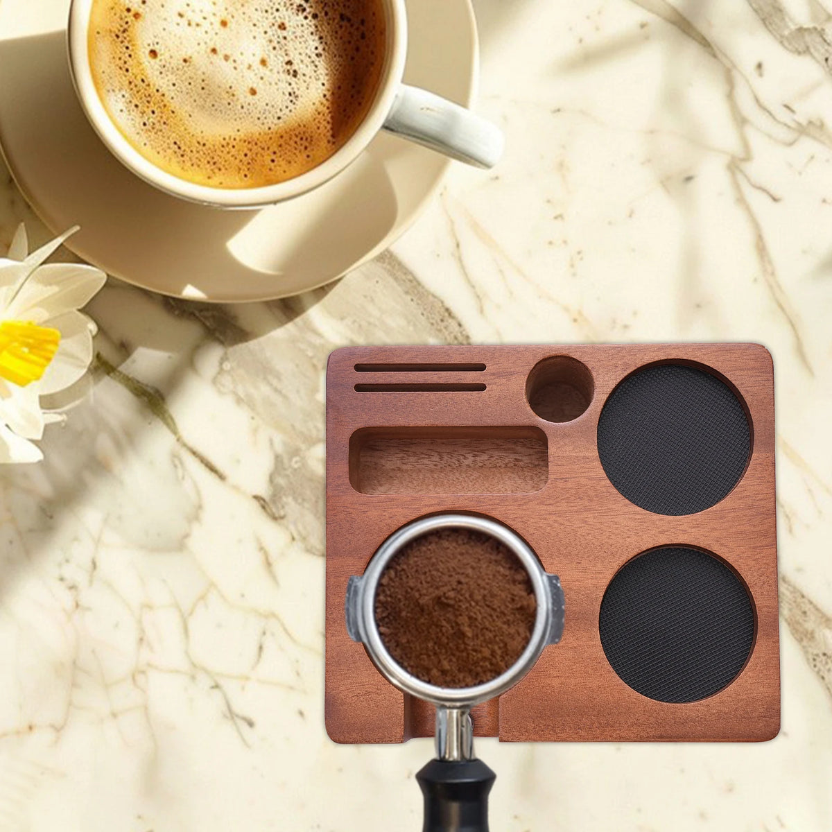 Kaffee Tamping Station Schwarz 51-58mm – Multifunktionaler Tamper Halter mit Abschlagbehälter
