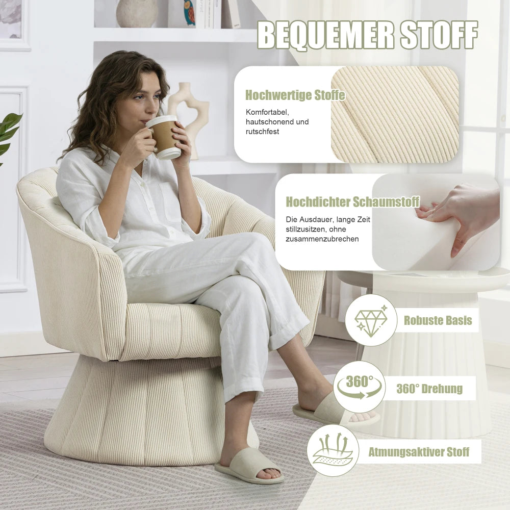 Drehsessel Beige – Modernes 360 Grad Cord Polstersessel Set mit Holzgestell bis 150kg