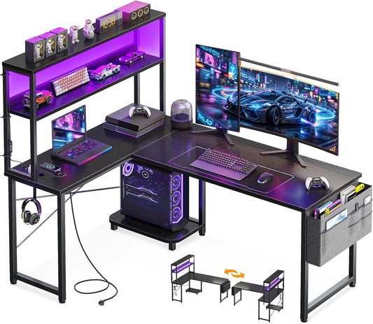 L-förmiger Gaming Schreibtisch LED Schwarz 135 cm – Eckschreibtisch mit Monitoraufsatz & Steckdosen