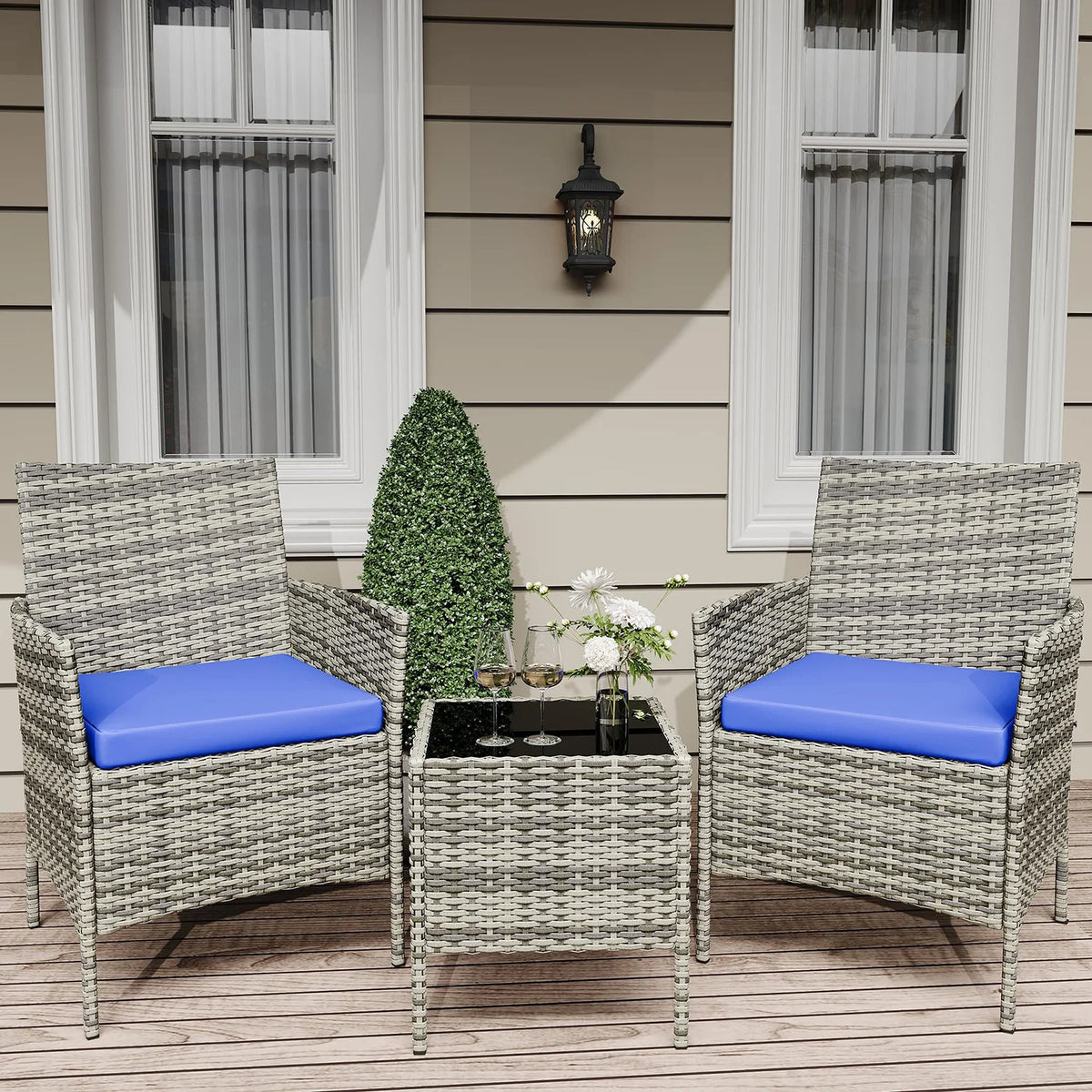 Balkonset 3-Teilig Schwarz – Wetterfeste Polyrattan Sitzgruppe mit Kissen & Glastisch fuer Balkon, Terrasse & Garten