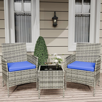 Balkonset 3-Teilig Schwarz – Wetterfeste Polyrattan Sitzgruppe mit Kissen & Glastisch fuer Balkon, Terrasse & Garten