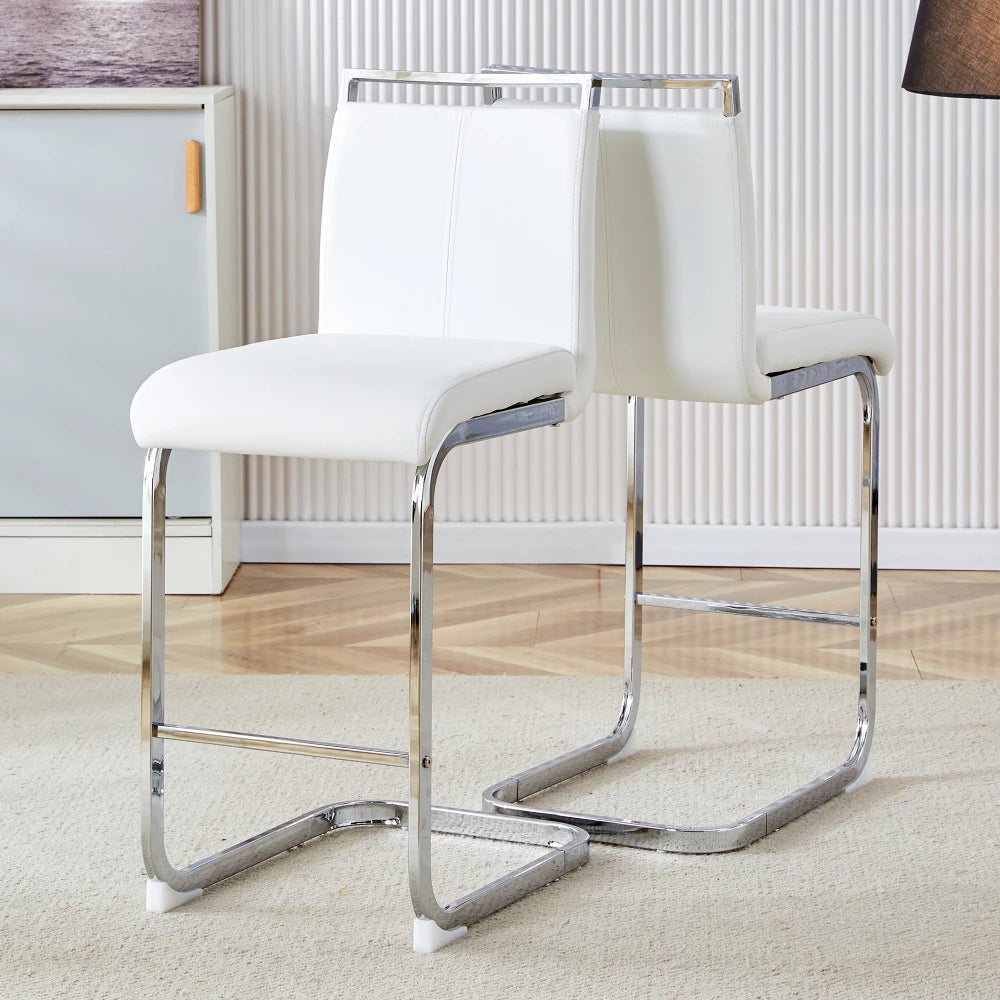 Barhocker 2er Set Silber Weiß – Freischwinger Tresenstühle aus Kunstleder & Metall