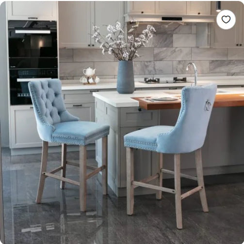 Moderne Samt Barhocker 2er Set mit Nietendekor – Elegante Tresenstühle aus Massivholz