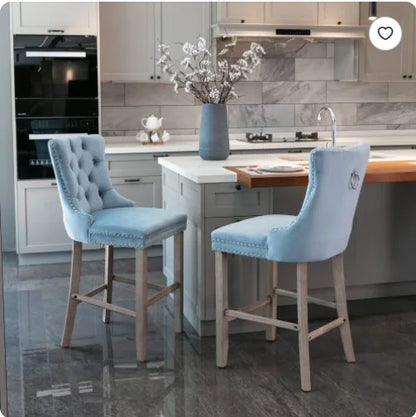 Moderne Samt Barhocker 2er Set mit Nietendekor – Elegante Tresenstühle aus Massivholz
