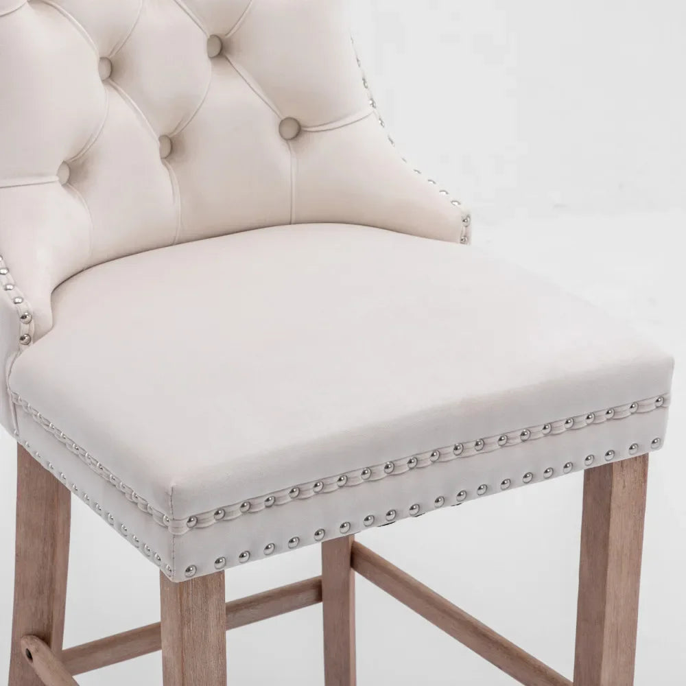 Moderne Samt Barhocker 2er Set mit Nietendekor – Elegante Tresenstühle aus Massivholz