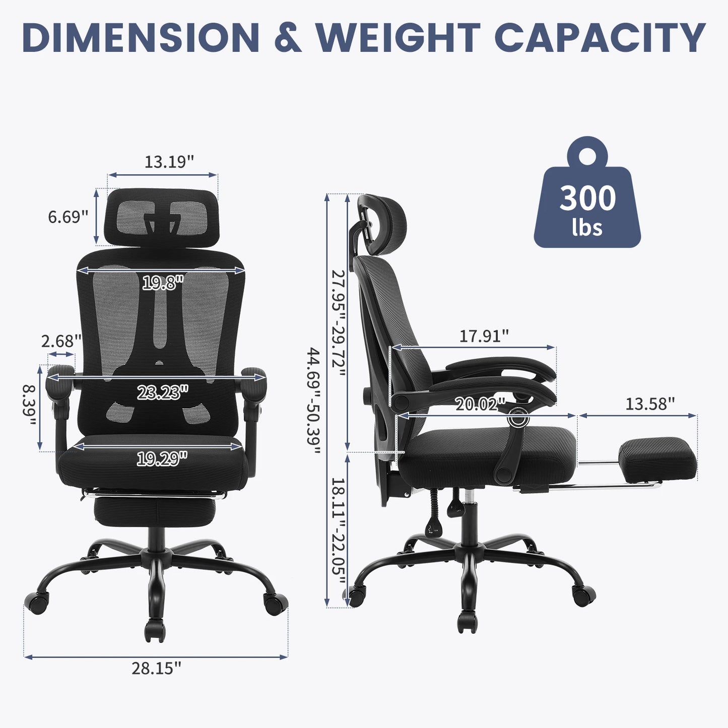 Buerostuhl Ergonomisch Schwarz – Netz Drehstuhl mit Fussstütze, 3D Kopfstütze & Klappbaren Armlehnen bis 150kg