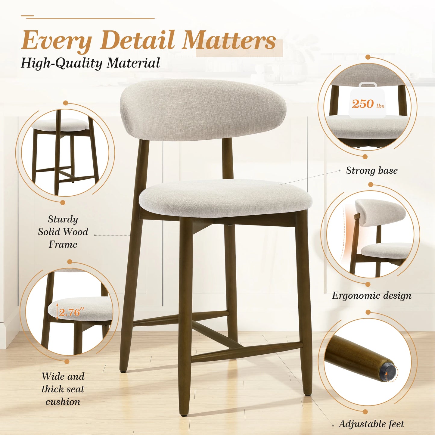 Barhocker 2er Set Metall Holzoptik Braun – Ergonomische Tresenstühle mit Stoffbezug & Rückenlehne