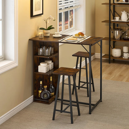 Bartisch Set 3-teilig mit Regal Vintage Braun – Kompakter Stehtisch mit 2 Barhockern für kleine Küche