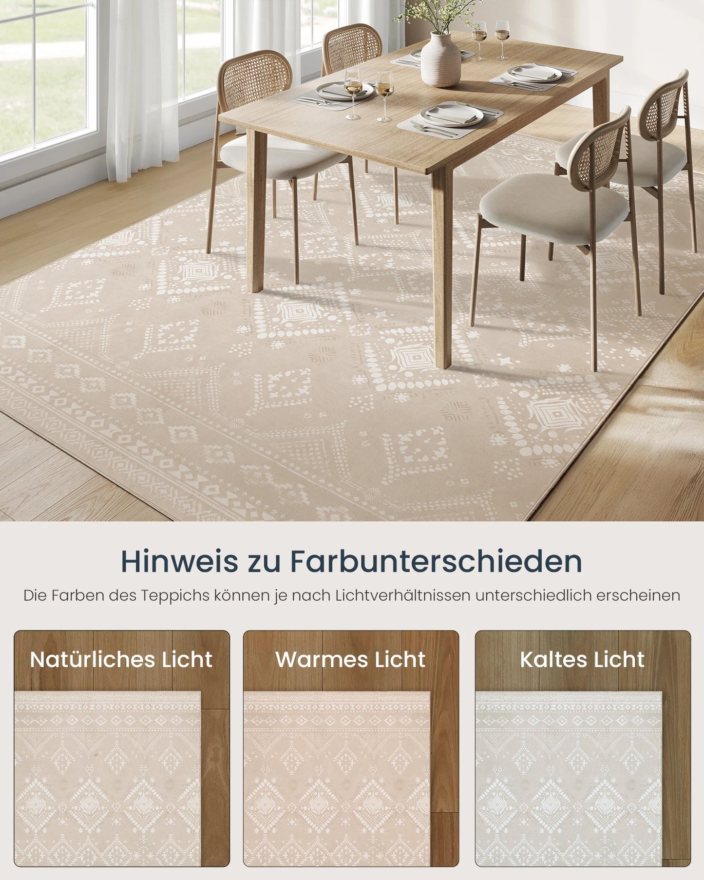Großer Boho Teppich 200x290cm Waschbar – Plüsch Kunstkaschmir Teppich Wohnzimmer Cappuccino