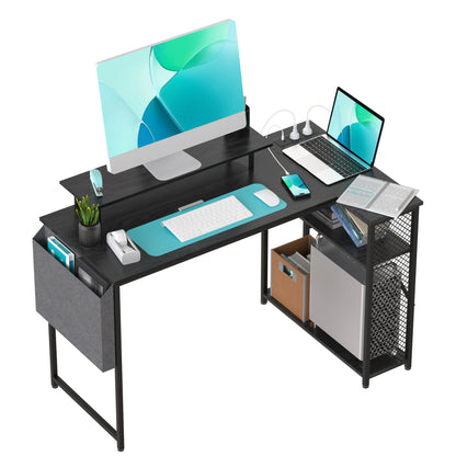L-förmiger Eckschreibtisch 120 cm Holzoptik – Platzsparender Computertisch mit Steckdosen & Regalen