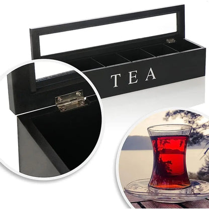 Tee-Organizer aus Holz mit Glasdeckel – Elegante Tee-Aufbewahrungsbox mit 6 Fächern