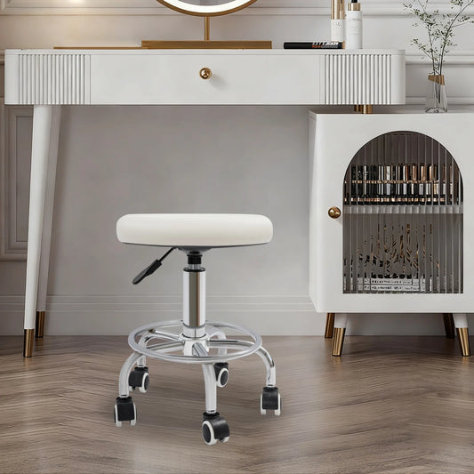 Arbeitshocker mit Rollen Weiss – Höhenverstellbarer Drehhocker aus Kunstleder fuer Kosmetikstudio, Salon & Praxis