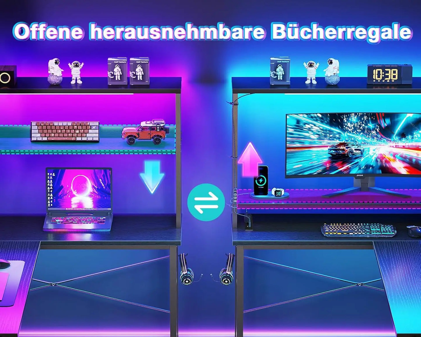 L-förmiger Gaming Schreibtisch LED Schwarz 135 cm – Eckschreibtisch mit Monitoraufsatz & Steckdosen