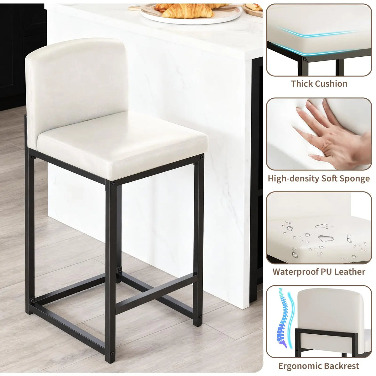 Barhocker 2er Set Kunstleder – Ergonomischer Stuhlsatz mit Polsterung & Metallrahmen