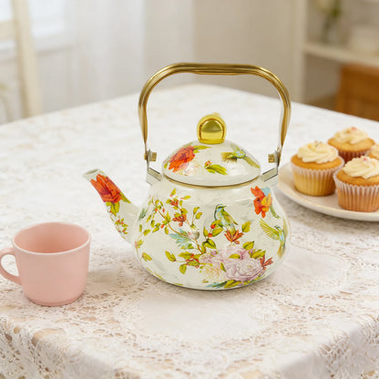 Klassische Enamel Teekanne Blumenmuster 1,5L – Emaillierte Teekanne mit Goldgriff