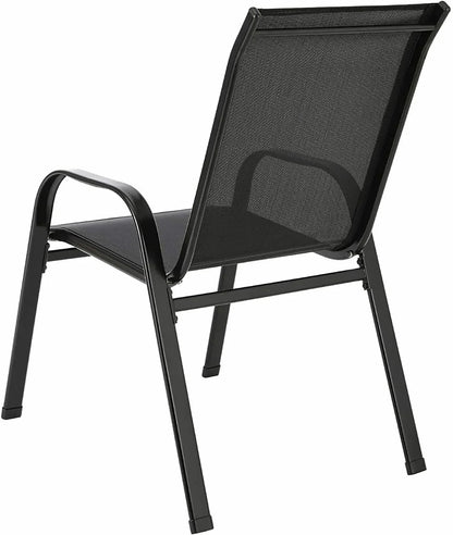 Gartenstuehle 4er Set Schwarz – Moderne Stapelstuehle aus Metall & Teslin fuer Balkon, Terrasse & Garten bis 150kg