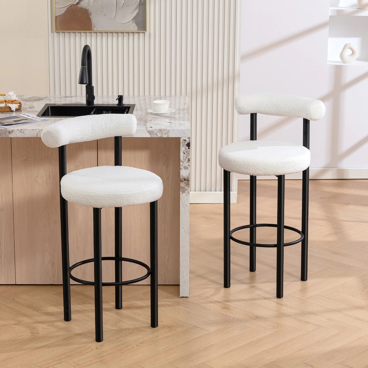 Barhocker 2er Set Bouclé Bambus 76cm – Moderne Tresenstühle mit Metallgestell für Kücheninsel