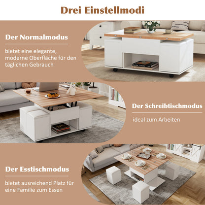 Couchtisch Höhenverstellbar & Ausziehbar – Multifunktionaler Esstisch mit 4 Hockern & Stauraum