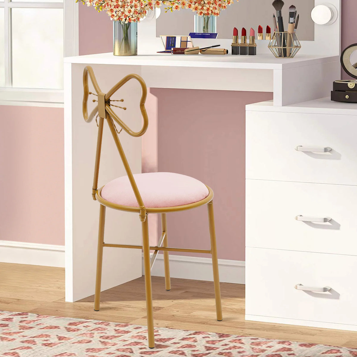 Schminktisch Stuhl Rosa mit Schmetterling Rückenlehne – Moderner Samt Kosmetikstuhl Gold
