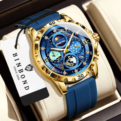 BINBOND Luxus Herrenuhr Blau – Wasserdichte Quarz Armbanduhr mit Chronograph & Datum