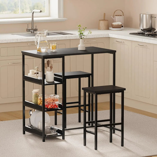 Bartisch Set 3-teilig mit 2 Hockern & Stauraum – Kompakte Sitzgruppe aus Metall & MDF