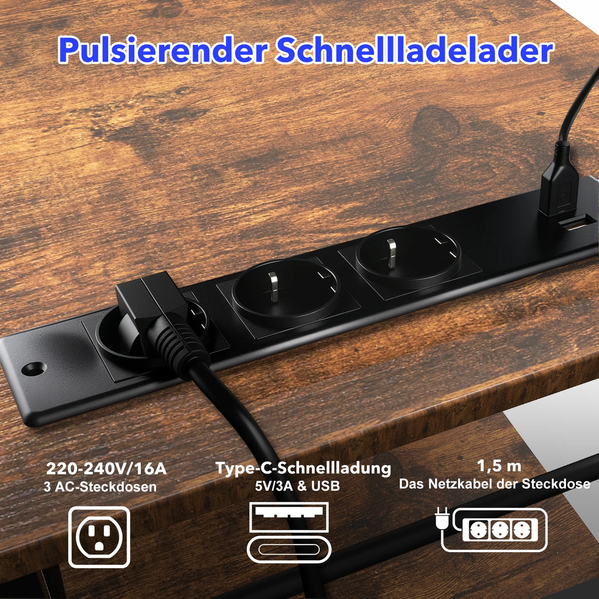 L-förmiger Eckschreibtisch 140 cm Vintage Braun – Höhenverstellbarer Computertisch mit Steckdosen & Regalen