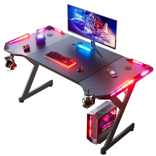Gaming Schreibtisch LED Schwarz 120 cm – Ergonomischer PC Tisch mit Haken & Becherhalter