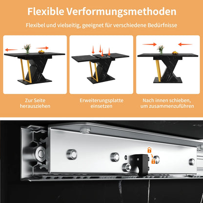 Ausziehbarer Esstisch Marmoroptik 110-140cm – Moderner Küchentisch aus Holz & Metall für 6 Personen