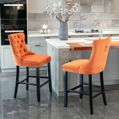 Moderne Samt Barhocker 2er Set mit Nietendekor – Elegante Tresenstühle aus Massivholz
