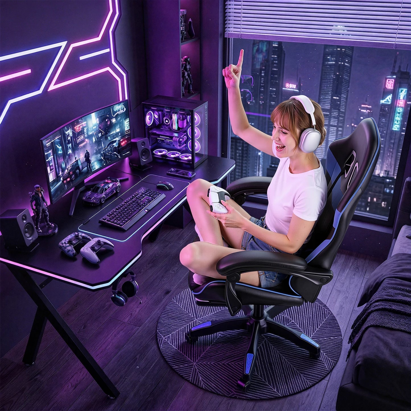 Gaming Stuhl Schwarz-Rot – Ergonomischer Gamer Stuhl mit Fussstütze, Lendenkissen & Kunstlederbezug bis 124cm