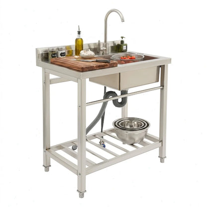 Edelstahl Spültisch 80x55cm mit Armatur – Freistehende Gastro Spüle mit Arbeitsfläche