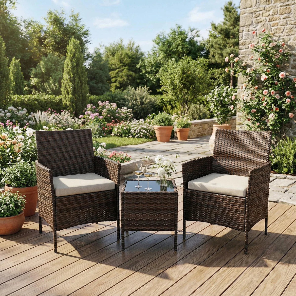 Balkonset 3-Teilig Schwarz – Wetterfeste Polyrattan Sitzgruppe mit Kissen & Glastisch fuer Balkon, Terrasse & Garten