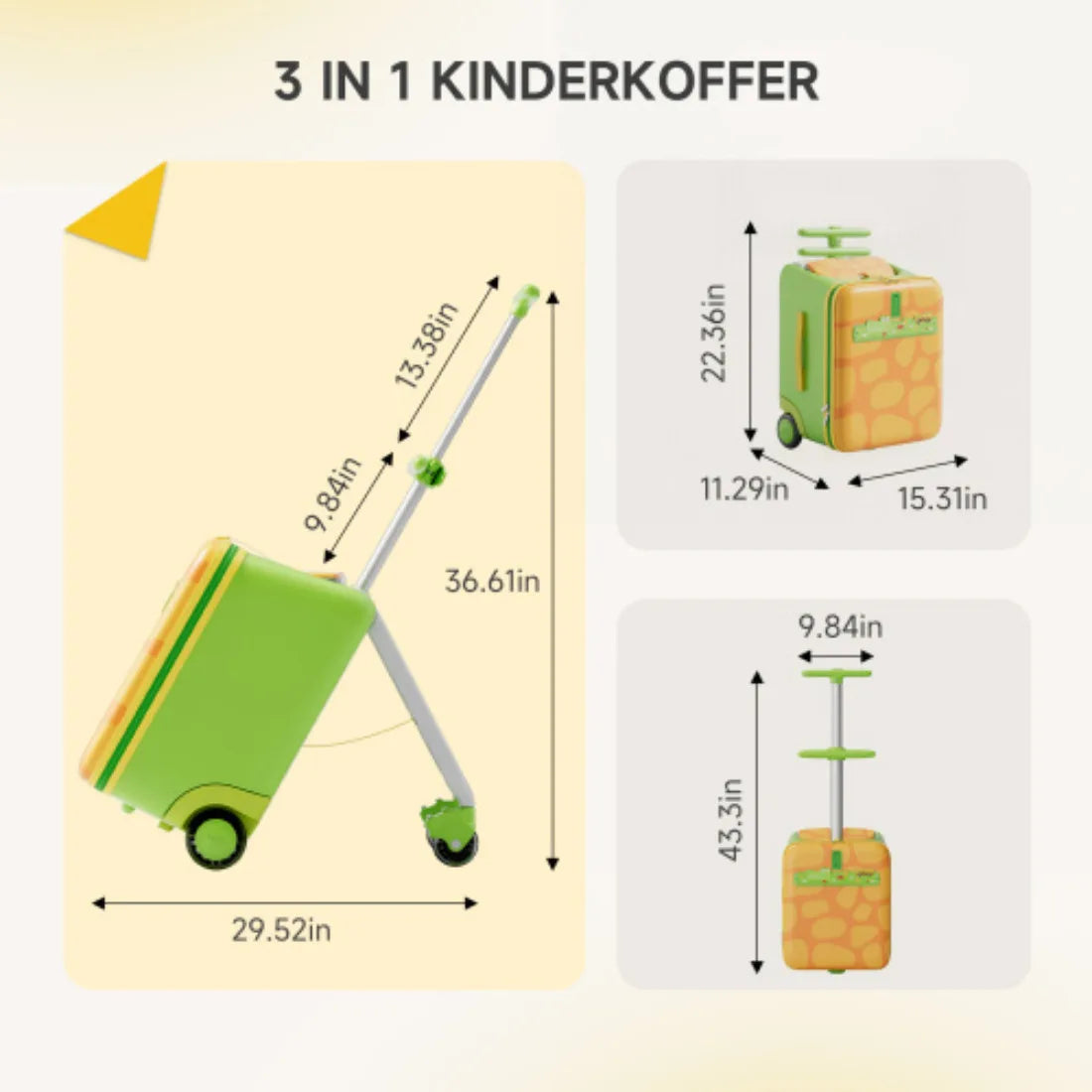 Kinderkoffer zum Draufsitzen 3 in 1 mit Buggy Funktion – Rollkoffer Kinder 38L Handgepaeck