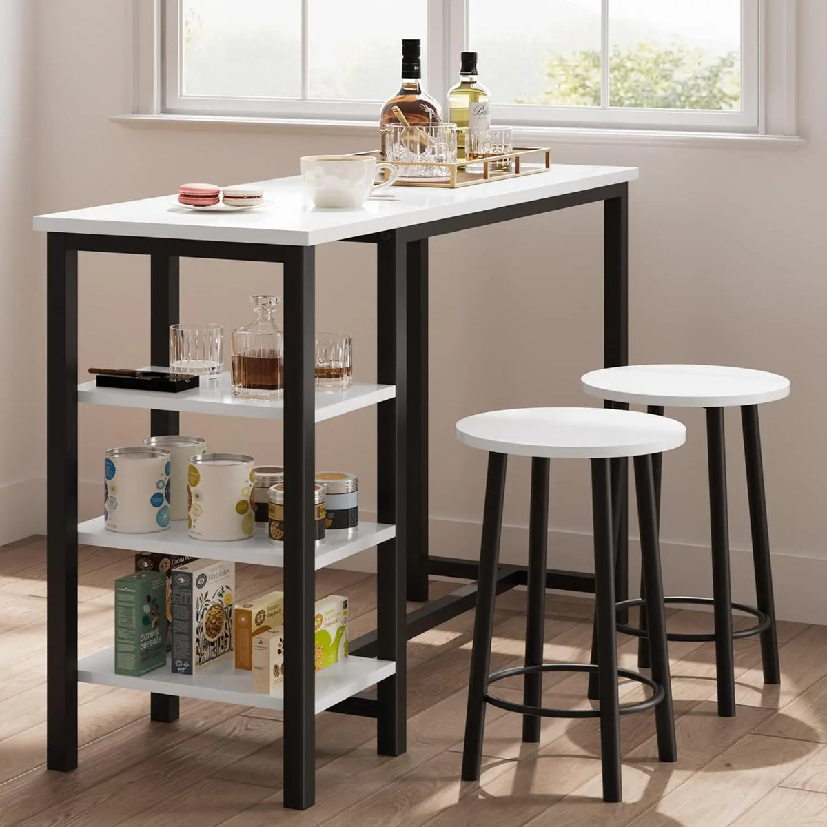 Bartisch Set 3-teilig mit 2 Barhockern – Modernes Stehtisch Set mit Regalfächern für Küche & Esstisch