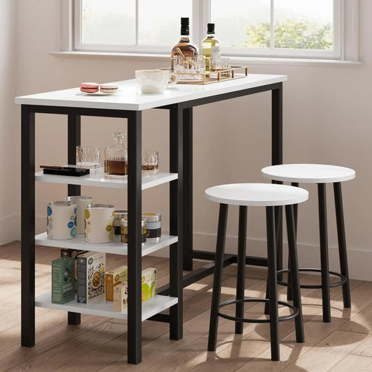 Bartisch Set 3-teilig mit 2 Barhockern – Modernes Stehtisch Set mit Regalfächern für Küche & Esstisch