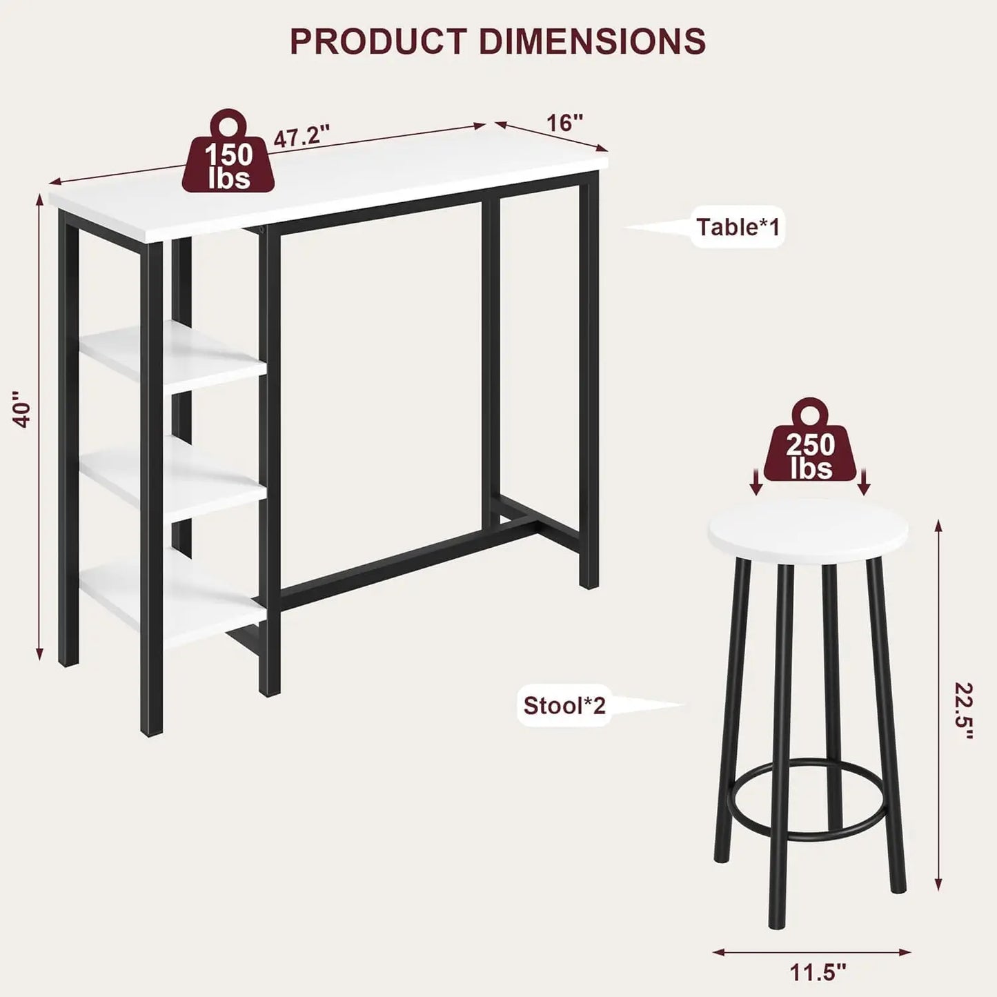 Bartisch Set 3-teilig mit 2 Barhockern – Modernes Stehtisch Set mit Regalfächern für Küche & Esstisch