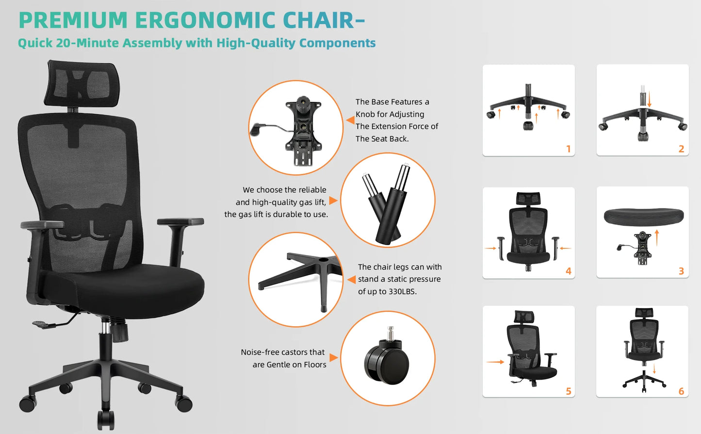 Buerostuhl Ergonomisch Schwarz – Netz Drehstuhl mit Verstellbarer Lendenstuetze & Kopfstuetze bis 150kg