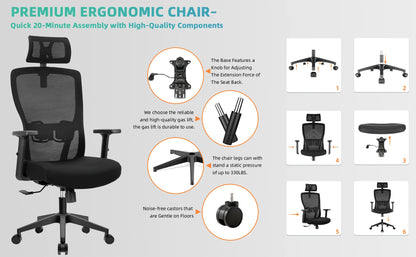 Buerostuhl Ergonomisch Schwarz – Netz Drehstuhl mit Verstellbarer Lendenstuetze & Kopfstuetze bis 150kg