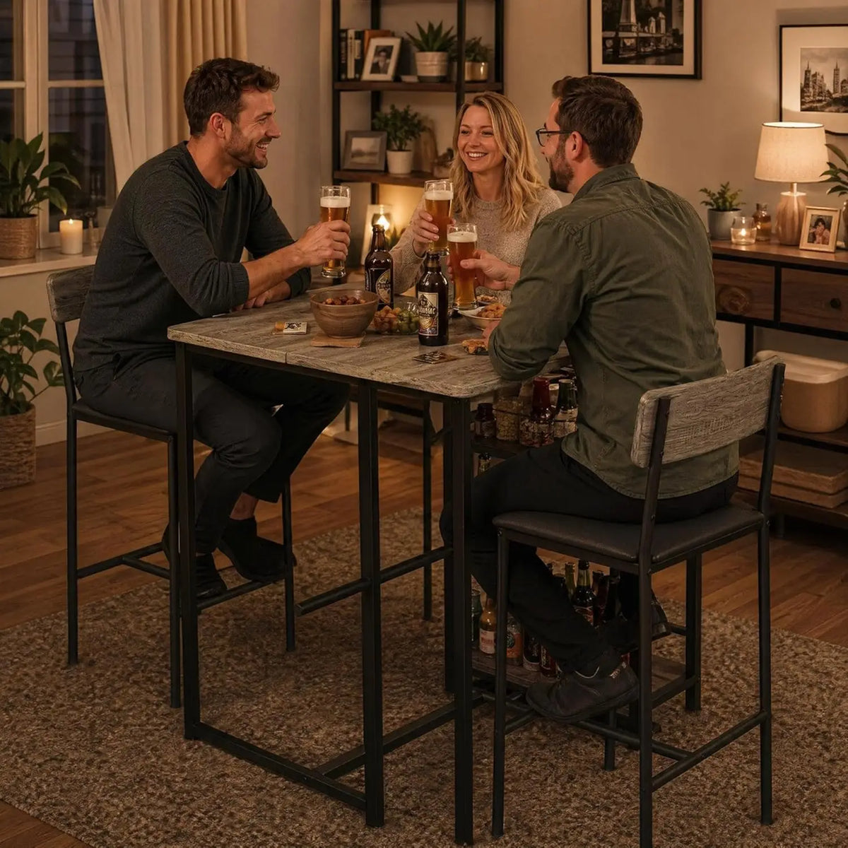 Modernes Stehtisch Set mit 2 Barhockern – Kompakte Esstisch Garnitur mit Regal für Küche