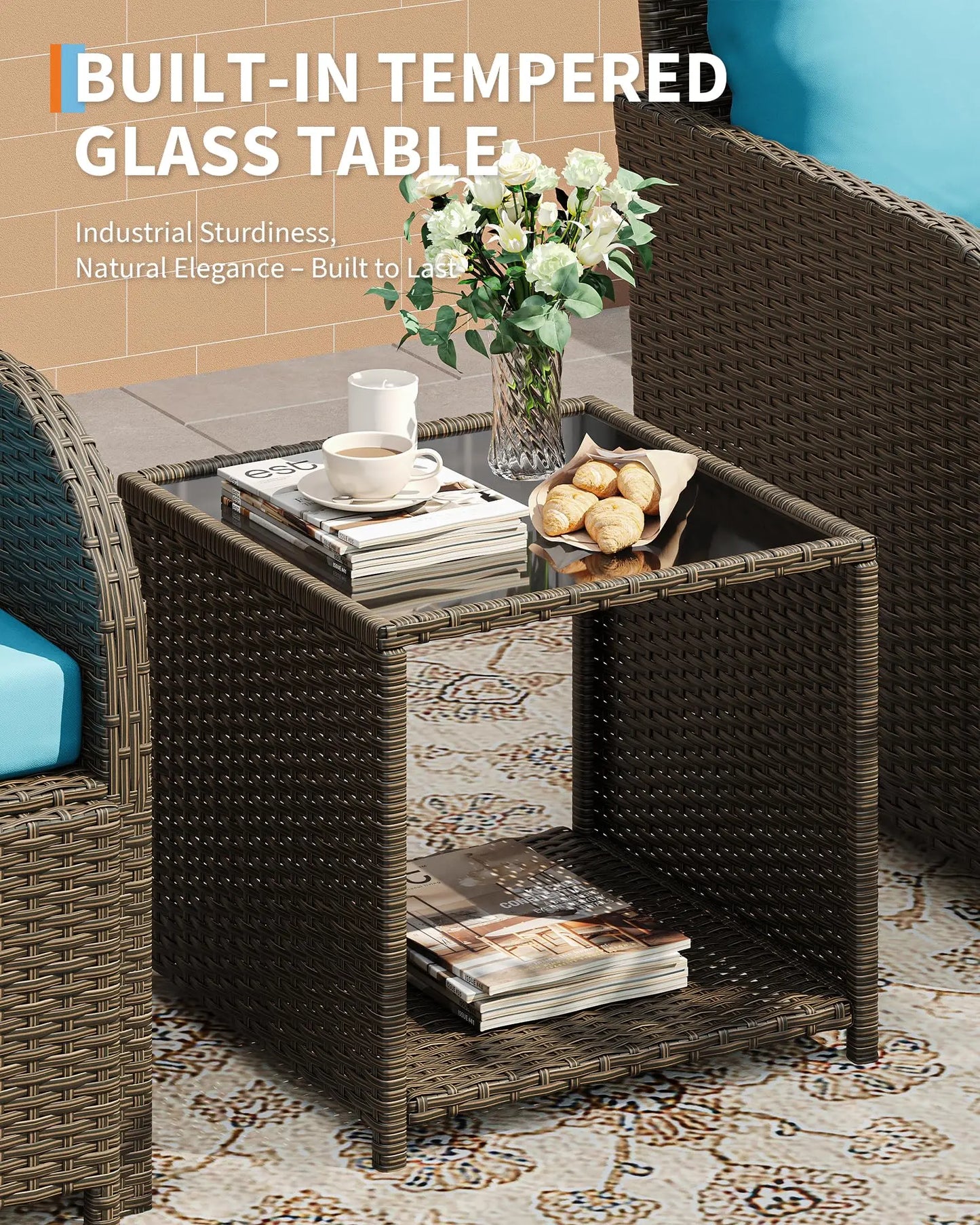 Gartenmoebel Set 5-Teilig Natur – Polyrattan Sitzgruppe mit Hocker, Kissen & Glastisch fuer Balkon, Terrasse & Garten