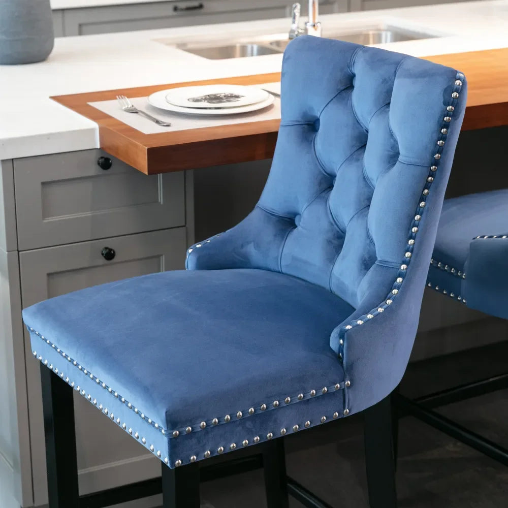 Moderne Samt Barhocker 2er Set mit Nietendekor – Elegante Tresenstühle aus Massivholz