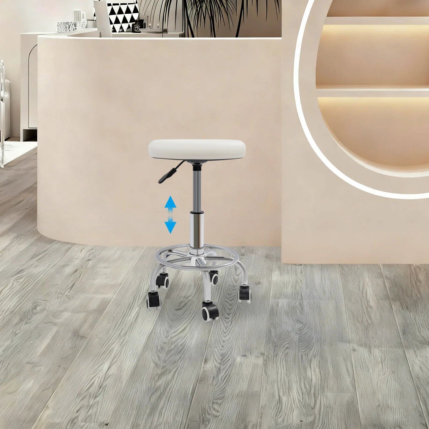 Arbeitshocker mit Rollen Weiss – Höhenverstellbarer Drehhocker aus Kunstleder fuer Kosmetikstudio, Salon & Praxis