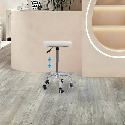 Arbeitshocker mit Rollen Weiss – Höhenverstellbarer Drehhocker aus Kunstleder fuer Kosmetikstudio, Salon & Praxis