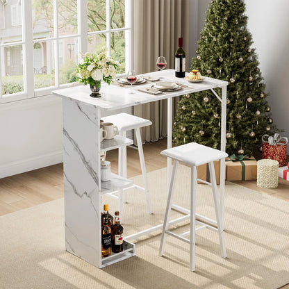 Bartisch Set 3-teilig mit Regal Schwarz – Kompakter Stehtisch mit 2 Barhockern für kleine Küche