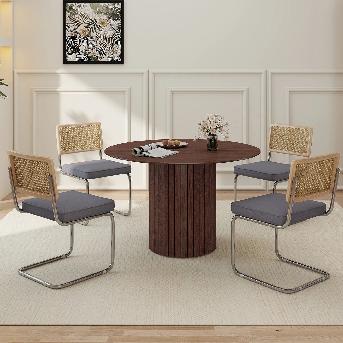 Freischwinger 2er Set Modern – Polsterstuhl Set aus Teddy-Samt & Rattan-Rueckenlehne mit Metallgestell