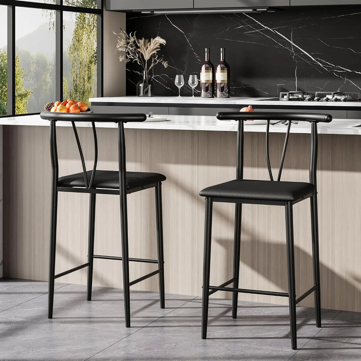 Barhocker 2er Set Schwarz – Moderne Tresenstuehle aus Kunstleder mit Metallgestell & Fussstütze fuer Kueche & Bar
