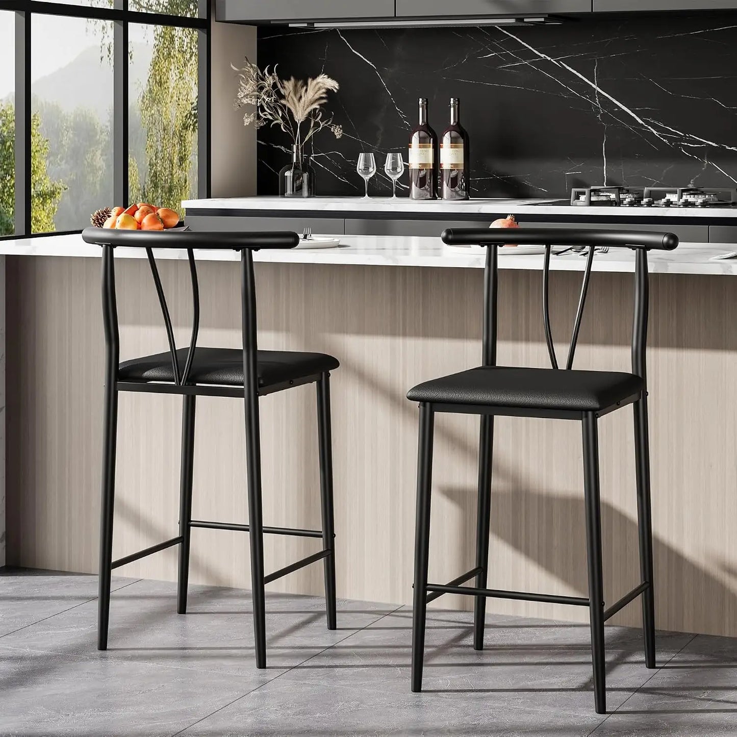 Barhocker 2er Set Schwarz – Moderne Tresenstuehle aus Kunstleder mit Metallgestell & Fussstütze fuer Kueche & Bar